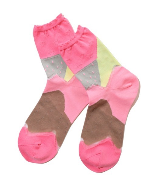 Fun & Daily（ファンアンドデイリー）の「F&D : ミックスブロックサマーソックス（ソックス/靴下・レディース・グリーン/ピンク・FREE）」の2枚目の写真