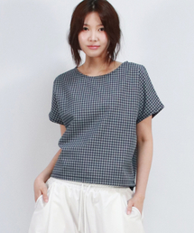 DEMARC（ドゥマーク）の「checkered mini French short-sleeved shirt  Blue（Tシャツ/カットソー）」