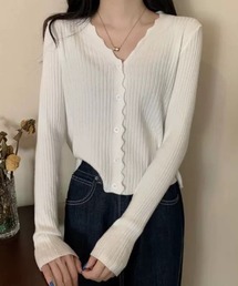 フィット シルエット Vネック スカラップ リブ ニット カーディガン