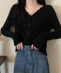 フィット シルエット Vネック スカラップ リブ ニット カーディガン