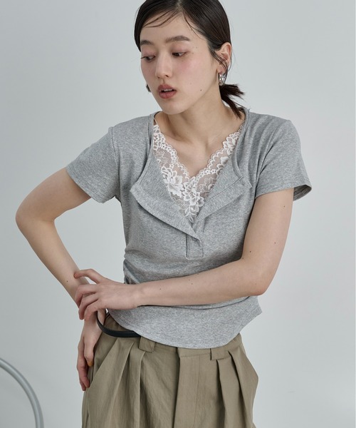 LOSCa(ロスカ)の「レースドッキングTシャツ(Tシャツ/カットソー・レディース・グレー/オフホワイト/クリーム・FREE)」の1枚目の写真