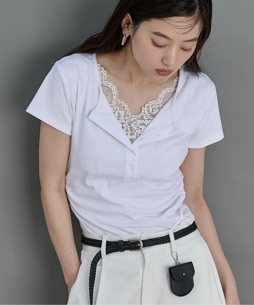 LOSCa(ロスカ)の「レースドッキングTシャツ(Tシャツ/カットソー・レディース・グレー/オフホワイト/クリーム・FREE)」の2枚目の写真