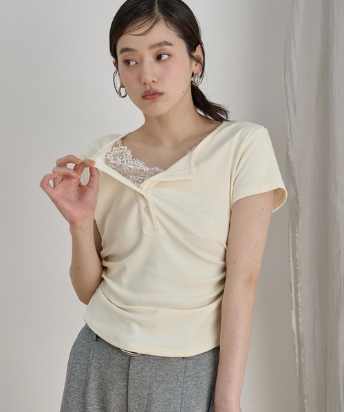 LOSCa(ロスカ)の「レースドッキングTシャツ(Tシャツ/カットソー・レディース・グレー/オフホワイト/クリーム・FREE)」の3枚目の写真