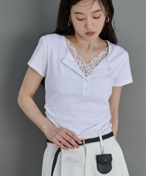 LOSCa(ロスカ)の「レースドッキングTシャツ(Tシャツ/カットソー・レディース・グレー/オフホワイト/クリーム・FREE)」の7枚目の写真
