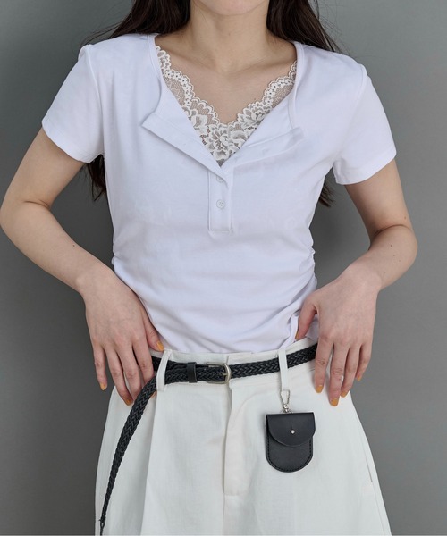 LOSCa(ロスカ)の「レースドッキングTシャツ(Tシャツ/カットソー・レディース・グレー/オフホワイト/クリーム・FREE)」の13枚目の写真