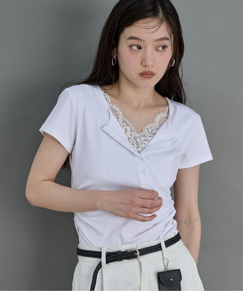 LOSCa(ロスカ)の「レースドッキングTシャツ(Tシャツ/カットソー・レディース・グレー/オフホワイト/クリーム・FREE)」の10枚目の写真