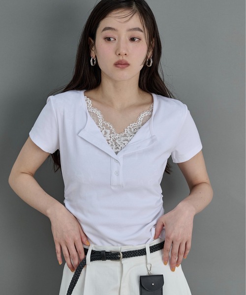 LOSCa(ロスカ)の「レースドッキングTシャツ(Tシャツ/カットソー・レディース・グレー/オフホワイト/クリーム・FREE)」の8枚目の写真