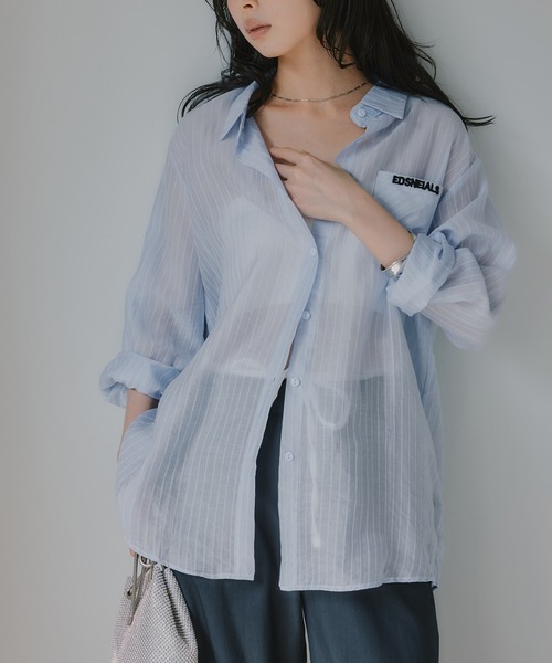 210nouve（トゥージュヌーブ）の「刺繍 ストライプ シアー シャツ（シャツ/ブラウス・レディース・ライトブルー/ピンク/ライトイエロー・FREE）」の7枚目の写真