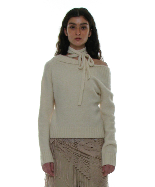 PARTIMENTO WOMEN(パルティメントウィメン)の「タイネックストラップアシンメトリーニットトップ_アイボリー(ニット/セーター・レディース・その他・SMALL/MEDIUM)」の1枚目の写真