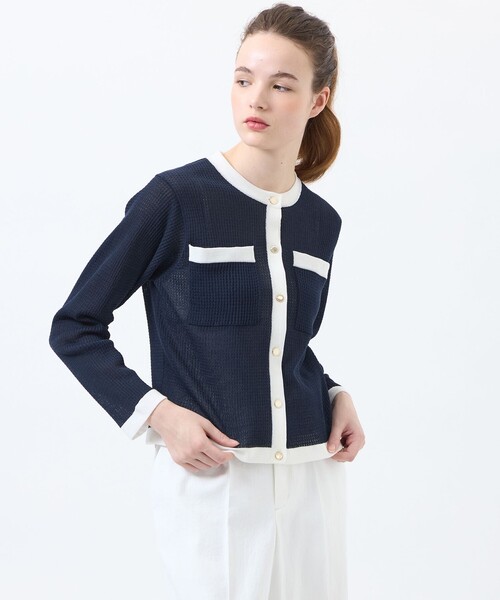 MACKINTOSH PHILOSOPHY（ﾏｯｷﾝﾄｯｼｭ ﾌｨﾛｿﾌｨｰ）の「【ROYTON(ロイトン)】シアーワッフルカーディガン（カーディガン/ボレロ・レディース・ライトイエロー/オフホワイト/ダークネイビー・38）」の2枚目の写真