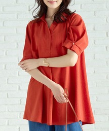 麻調素材袖パール付シャツチュニック