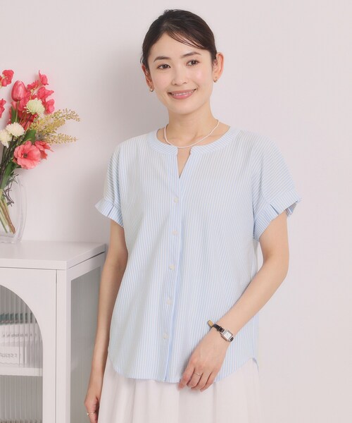 ITS'DEMO(イッツデモ)の「【洗濯機OK】カットサッカー前開きトップス(Tシャツ/カットソー・レディース・オレンジ系3/サックスブルー系2/ホワイト系5/ネイビー系2・00)」の3枚目の写真
