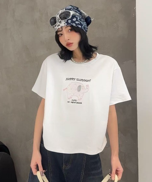 DIAVEL(ディアベル)の「ハッピーエレファント刺繍Tシャツ(Tシャツ/カットソー・レディース・ホワイト/ベージュ/ライトブルー・M)」の2枚目の写真