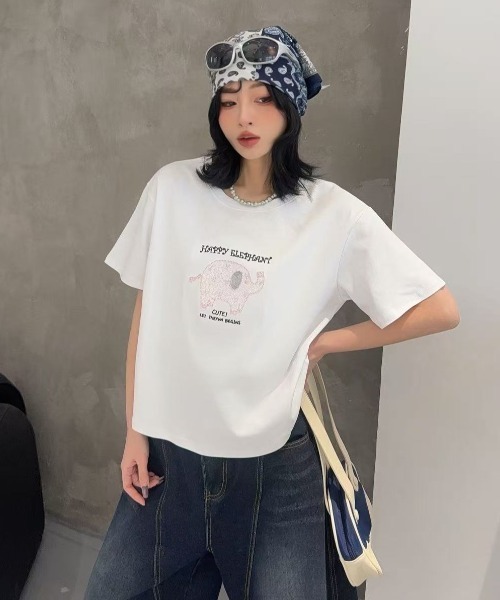 DIAVEL(ディアベル)の「ハッピーエレファント刺繍Tシャツ(Tシャツ/カットソー・レディース・ホワイト/ベージュ/ライトブルー・M)」の4枚目の写真