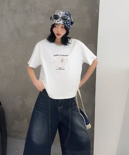 DIAVEL(ディアベル)の「ハッピーエレファント刺繍Tシャツ(Tシャツ/カットソー・レディース・ホワイト/ベージュ/ライトブルー・M)」の7枚目の写真