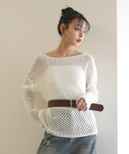 No one knows（ノーワンノーズ）の「ZOZO限定 透かし編みニットプルオーバー(インナーとベルト付き)3点セット（アンサンブル・レディース・ホワイト/ブラック・FREE）」の8枚目の写真