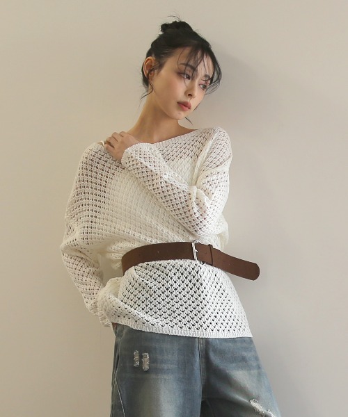 No one knows（ノーワンノーズ）の「ZOZO限定 透かし編みニットプルオーバー(インナーとベルト付き)3点セット（アンサンブル・レディース・ホワイト/ブラック・FREE）」の9枚目の写真