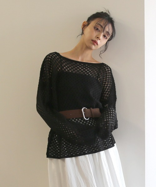 No one knows（ノーワンノーズ）の「ZOZO限定 透かし編みニットプルオーバー(インナーとベルト付き)3点セット（アンサンブル・レディース・ホワイト/ブラック・FREE）」の16枚目の写真