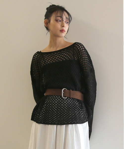 No one knows（ノーワンノーズ）の「ZOZO限定 透かし編みニットプルオーバー(インナーとベルト付き)3点セット（アンサンブル・レディース・ホワイト/ブラック・FREE）」の17枚目の写真