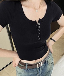 ヘンリーネッククロップド丈パット付Tシャツ