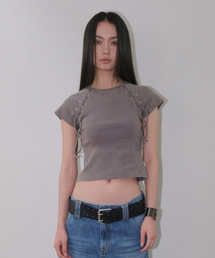 LACE UP SLEEVES T-SHIRT [GREY]