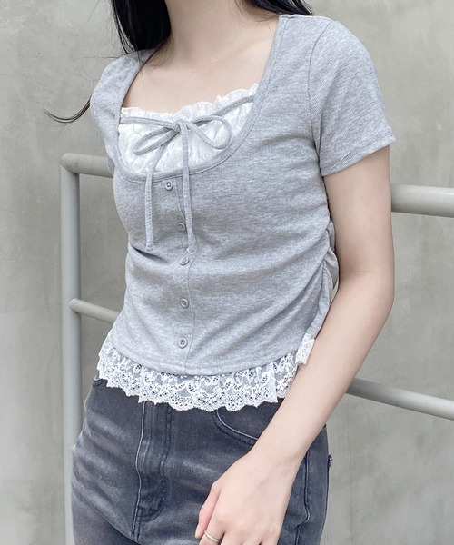 INGNI(イング)の「レースレイヤード風リボン付きリブトップス(Tシャツ/カットソー・レディース・ホワイト系その他/グレー/ライトピンク/ブラック/ブラック系その他4/ブラック系3・M)」の5枚目の写真