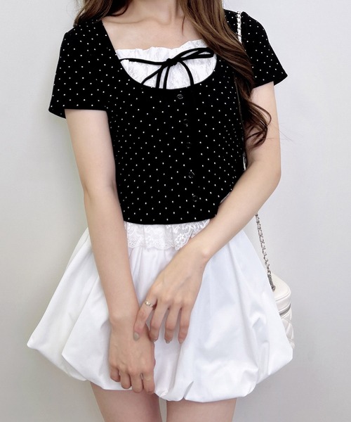 INGNI(イング)の「レースレイヤード風リボン付きリブトップス(Tシャツ/カットソー・レディース・ホワイト系その他/グレー/ライトピンク/ブラック/ブラック系その他4/ブラック系3・M)」の3枚目の写真