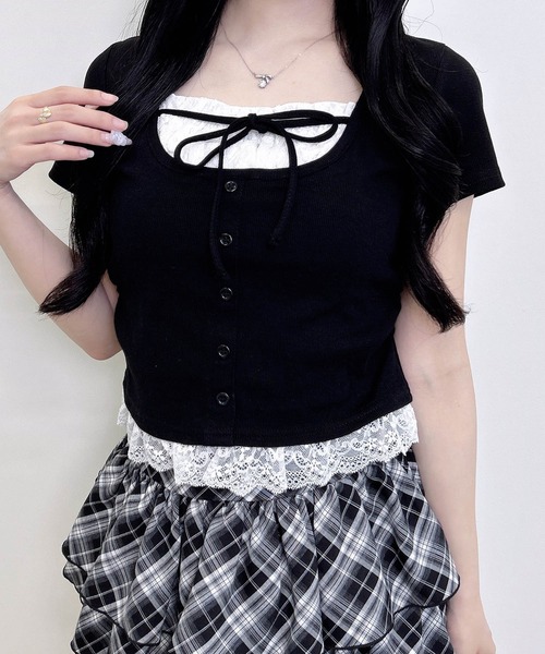 INGNI(イング)の「レースレイヤード風リボン付きリブトップス(Tシャツ/カットソー・レディース・ホワイト系その他/グレー/ライトピンク/ブラック/ブラック系その他4/ブラック系3・M)」の2枚目の写真
