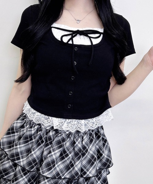 INGNI(イング)の「レースレイヤード風リボン付きリブトップス(Tシャツ/カットソー・レディース・ホワイト系その他/グレー/ライトピンク/ブラック/ブラック系その他4/ブラック系3・M)」の17枚目の写真