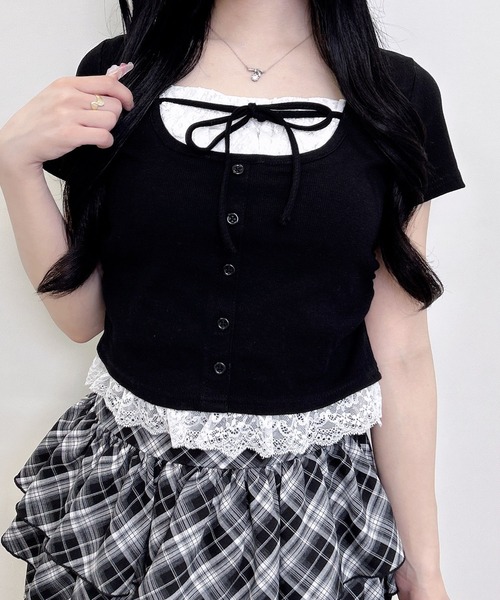 INGNI(イング)の「レースレイヤード風リボン付きリブトップス(Tシャツ/カットソー・レディース・ホワイト系その他/グレー/ライトピンク/ブラック/ブラック系その他4/ブラック系3・M)」の18枚目の写真