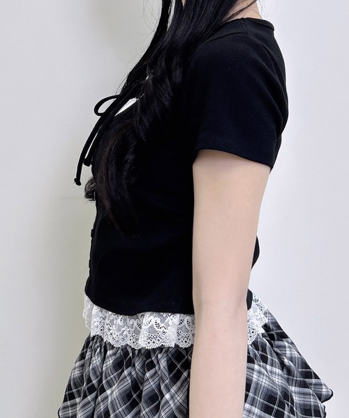 INGNI(イング)の「レースレイヤード風リボン付きリブトップス(Tシャツ/カットソー・レディース・ホワイト系その他/グレー/ライトピンク/ブラック/ブラック系その他4/ブラック系3・M)」の19枚目の写真