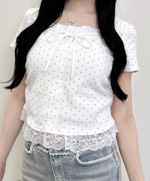 INGNI(イング)の「レースレイヤード風リボン付きリブトップス(Tシャツ/カットソー・レディース・ホワイト系その他/グレー/ライトピンク/ブラック/ブラック系その他4/ブラック系3・M)」の7枚目の写真