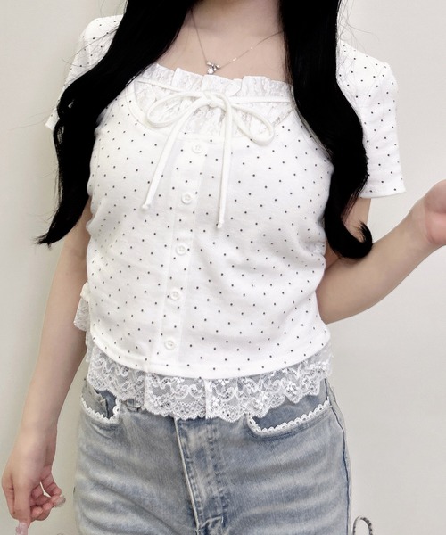 INGNI(イング)の「レースレイヤード風リボン付きリブトップス(Tシャツ/カットソー・レディース・ホワイト系その他/グレー/ライトピンク/ブラック/ブラック系その他4/ブラック系3・M)」の8枚目の写真