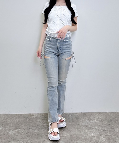 INGNI(イング)の「レースレイヤード風リボン付きリブトップス(Tシャツ/カットソー・レディース・ホワイト系その他/グレー/ライトピンク/ブラック/ブラック系その他4/ブラック系3・M)」の11枚目の写真