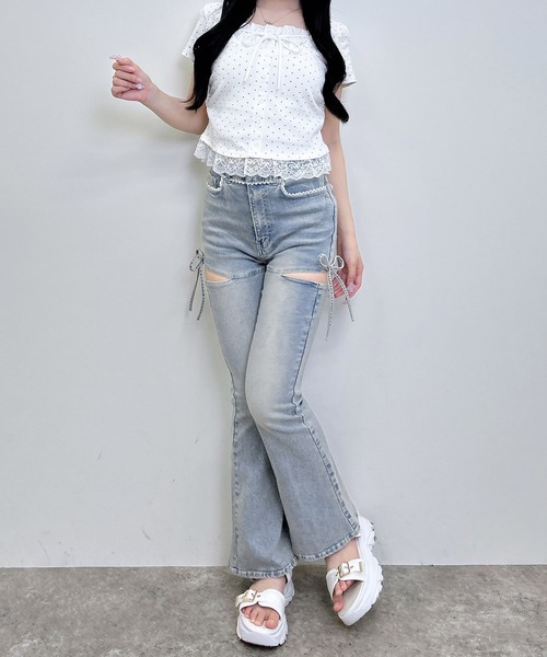 INGNI(イング)の「レースレイヤード風リボン付きリブトップス(Tシャツ/カットソー・レディース・ホワイト系その他/グレー/ライトピンク/ブラック/ブラック系その他4/ブラック系3・M)」の12枚目の写真