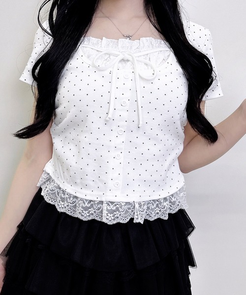 INGNI(イング)の「レースレイヤード風リボン付きリブトップス(Tシャツ/カットソー・レディース・ホワイト系その他/グレー/ライトピンク/ブラック/ブラック系その他4/ブラック系3・M)」の13枚目の写真