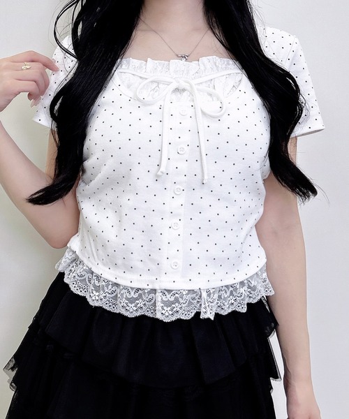 INGNI(イング)の「レースレイヤード風リボン付きリブトップス(Tシャツ/カットソー・レディース・ホワイト系その他/グレー/ライトピンク/ブラック/ブラック系その他4/ブラック系3・M)」の14枚目の写真