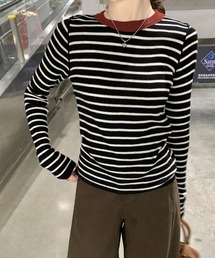 配色ボーダーリブニットトップス