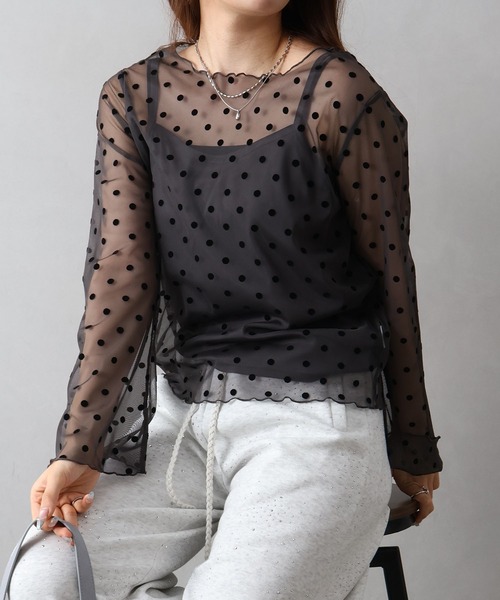 SpRay(スプレイ)の「キャミ付シアードットフレアスリーブ(Tシャツ/カットソー・レディース・チャコールグレー/ブラック/ブラウン/アイボリー・FREE)」の20枚目の写真