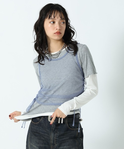 PAGEBOY(ページボーイ)の「チュールギャザーレイヤード(Tシャツ/カットソー・レディース・ブラック/オフホワイト・FREE)」の2枚目の写真