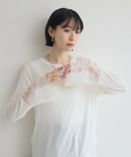 Paradise Picnic（パラダイスピクニック）の「SUGAR ROSE 袖レースクルーネックプルオーバー（Tシャツ/カットソー・レディース・チャコールグレー/ホワイト/ブルー・FREE）」の2枚目の写真