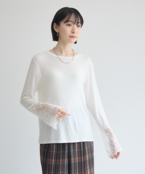 Paradise Picnic（パラダイスピクニック）の「SUGAR ROSE 袖レースクルーネックプルオーバー（Tシャツ/カットソー・レディース・チャコールグレー/ホワイト/ブルー・FREE）」の5枚目の写真