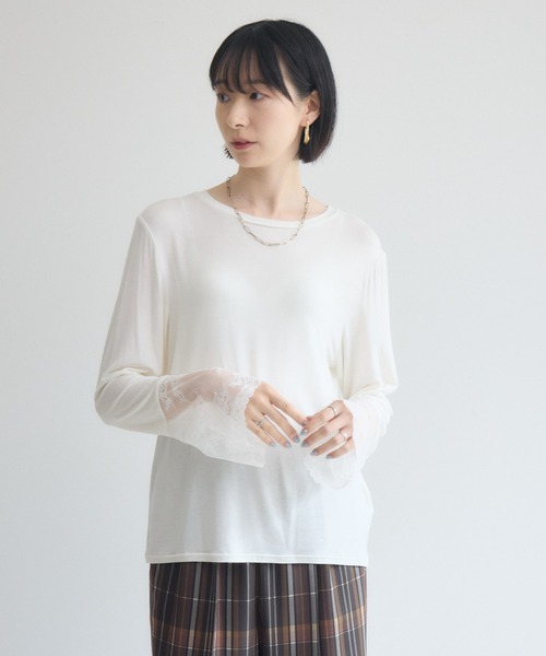 Paradise Picnic（パラダイスピクニック）の「SUGAR ROSE 袖レースクルーネックプルオーバー（Tシャツ/カットソー・レディース・チャコールグレー/ホワイト/ブルー・FREE）」の6枚目の写真