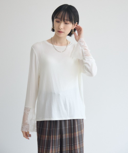 Paradise Picnic（パラダイスピクニック）の「SUGAR ROSE 袖レースクルーネックプルオーバー（Tシャツ/カットソー・レディース・チャコールグレー/ホワイト/ブルー・FREE）」の7枚目の写真