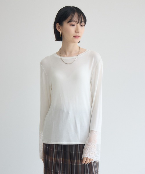 Paradise Picnic（パラダイスピクニック）の「SUGAR ROSE 袖レースクルーネックプルオーバー（Tシャツ/カットソー・レディース・チャコールグレー/ホワイト/ブルー・FREE）」の8枚目の写真