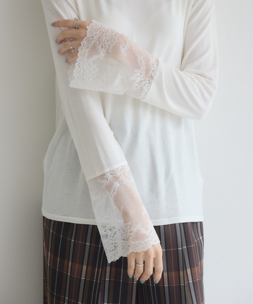Paradise Picnic（パラダイスピクニック）の「SUGAR ROSE 袖レースクルーネックプルオーバー（Tシャツ/カットソー・レディース・チャコールグレー/ホワイト/ブルー・FREE）」の9枚目の写真