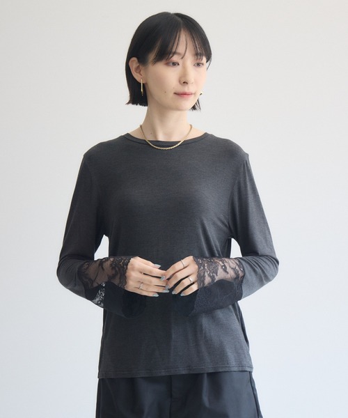 Paradise Picnic（パラダイスピクニック）の「SUGAR ROSE 袖レースクルーネックプルオーバー（Tシャツ/カットソー・レディース・チャコールグレー/ホワイト/ブルー・FREE）」の12枚目の写真