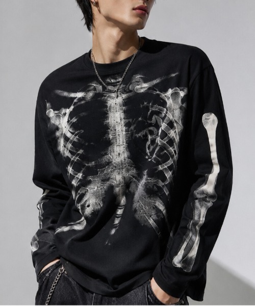 Evo+Revo(エボレボ)の「”旬なワッフル” X-RAYスケルトン グラフィックプリント ワッフルロンT/GLFS(Tシャツ/カットソー・メンズ・アイボリー/ブラック・M/L)」の1枚目の写真