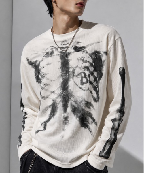 Evo+Revo(エボレボ)の「”旬なワッフル” X-RAYスケルトン グラフィックプリント ワッフルロンT/GLFS(Tシャツ/カットソー・メンズ・アイボリー/ブラック・M/L)」の3枚目の写真