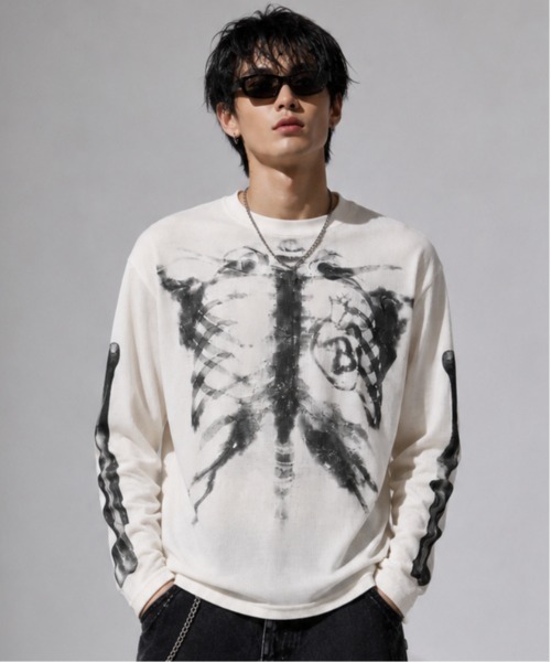 Evo+Revo(エボレボ)の「”旬なワッフル” X-RAYスケルトン グラフィックプリント ワッフルロンT/GLFS(Tシャツ/カットソー・メンズ・アイボリー/ブラック・M/L)」の4枚目の写真